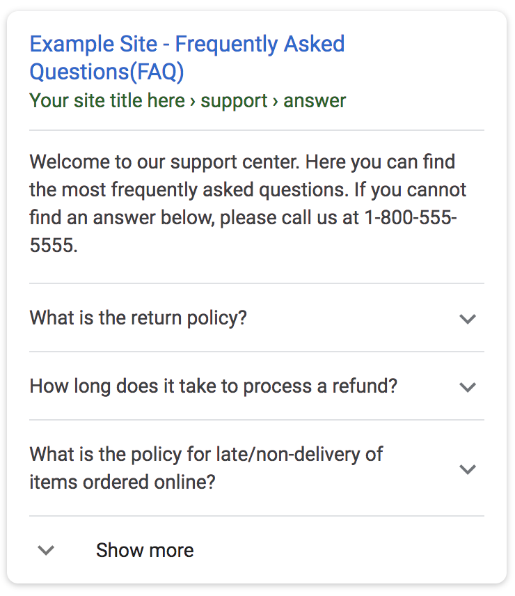 FAQ Schema markup on a Google SERP.