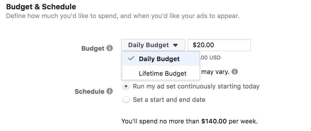 Facebook Ads setting up budget and schedule.
