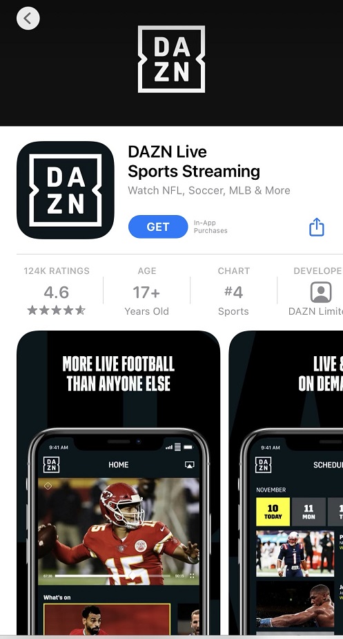 DAZN Live Sports Streaming mobile app iOs download.